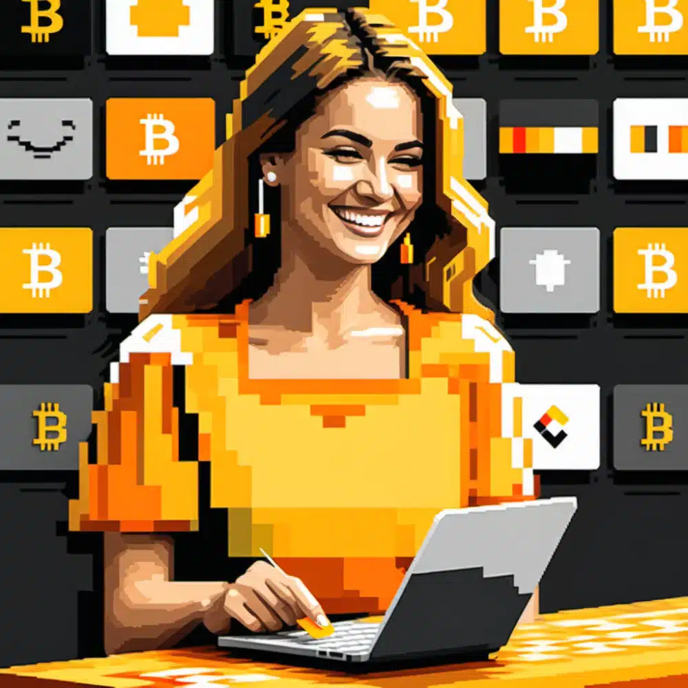 a woman is trying to buy bitcoin with a credit card While smiling happily, the main art work colors are (Yellow, Orange, Black, White)