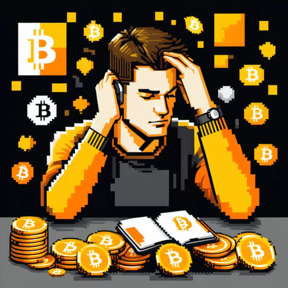 A man scratches his head, confused to choose between several Bitcoin wallet options. (How to Choose the Best Bitcoin Wallet? - 2024 Up To Date Guide)