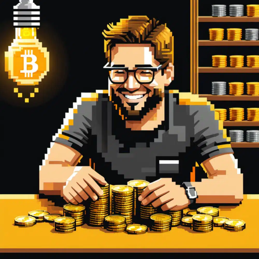 A man smiles with a light bulb on his head because he has identified the all of the Bitcoin wallet options he can get