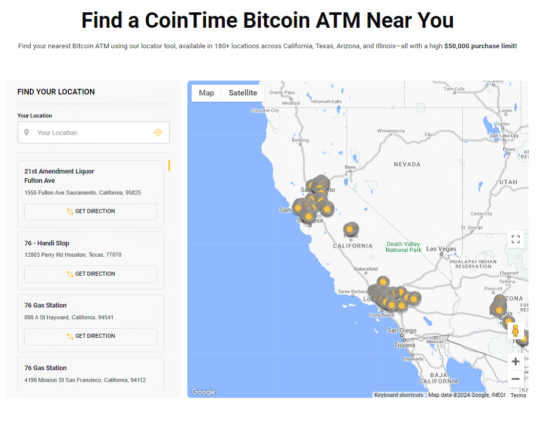 a picture containing Coin time bitcoin atm map locator in USA
