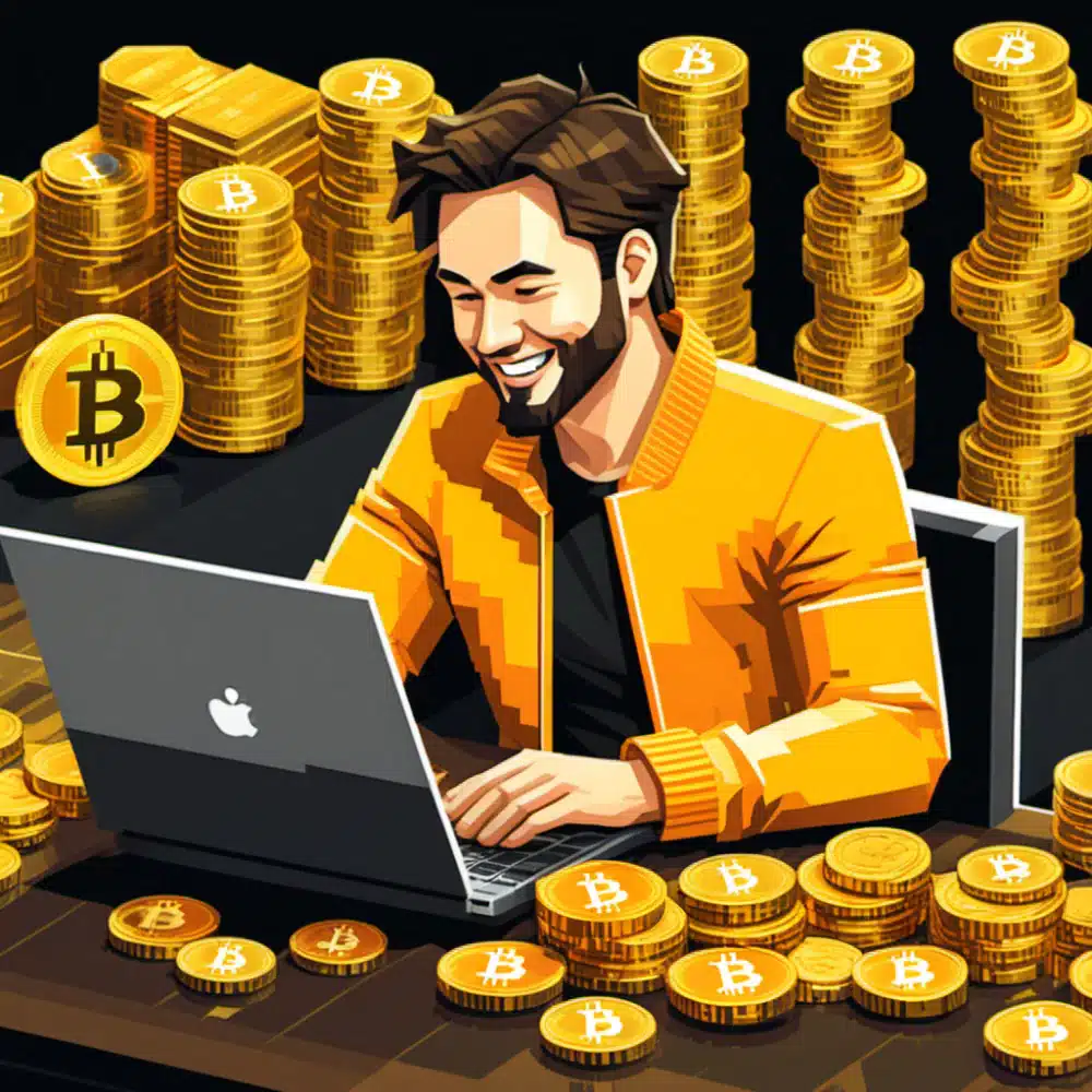 man is super excited as he is beggining to identify the best Bitcoin wallet he can get