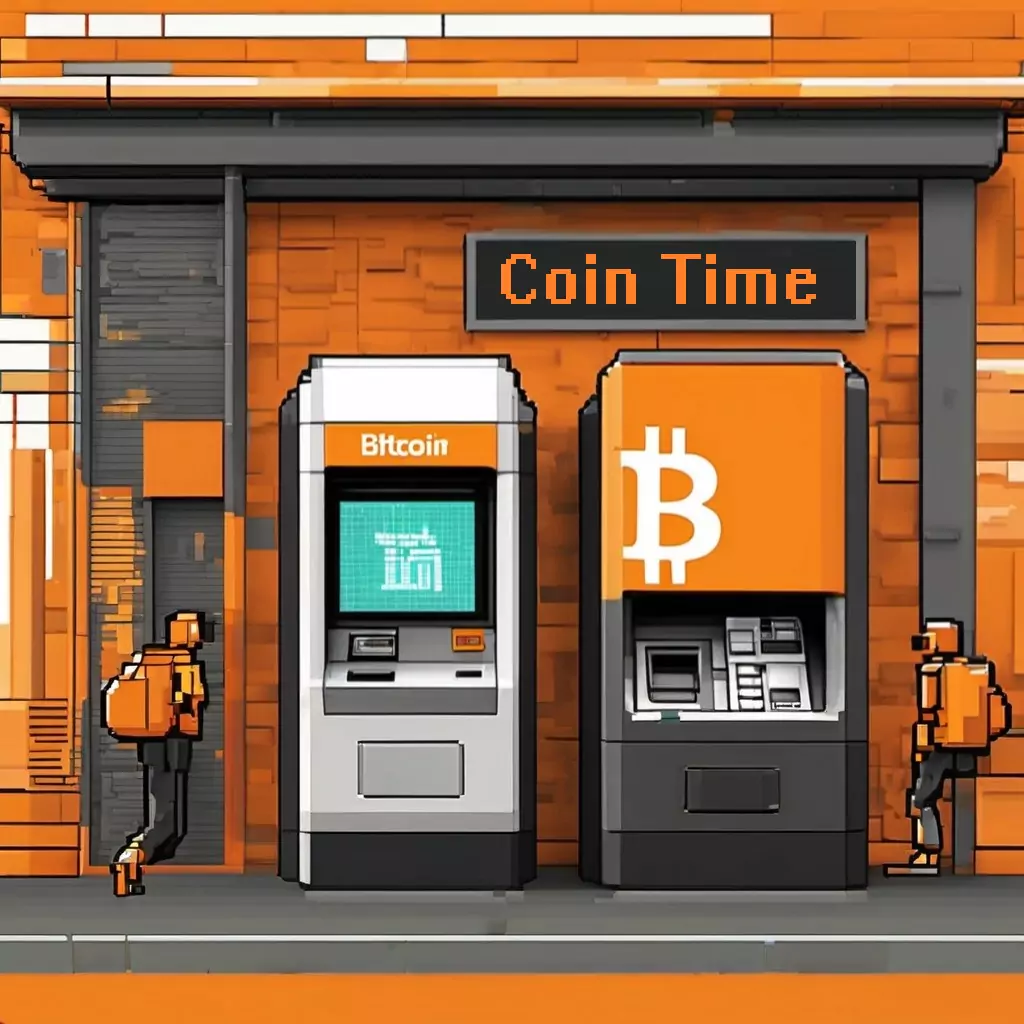 A pixel art picture that shows 2 bitcoin atms with 2 persons walking next to them