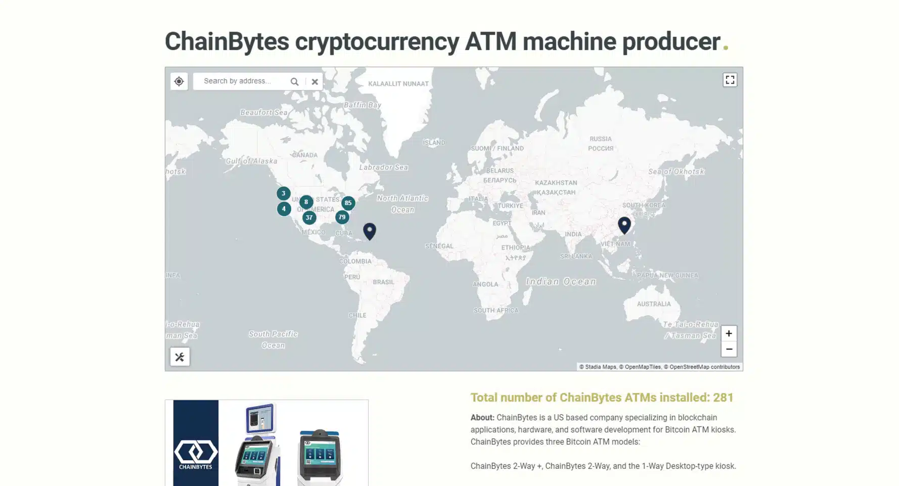 A Map showing locations with licensed ChainBytes BTMs in the US