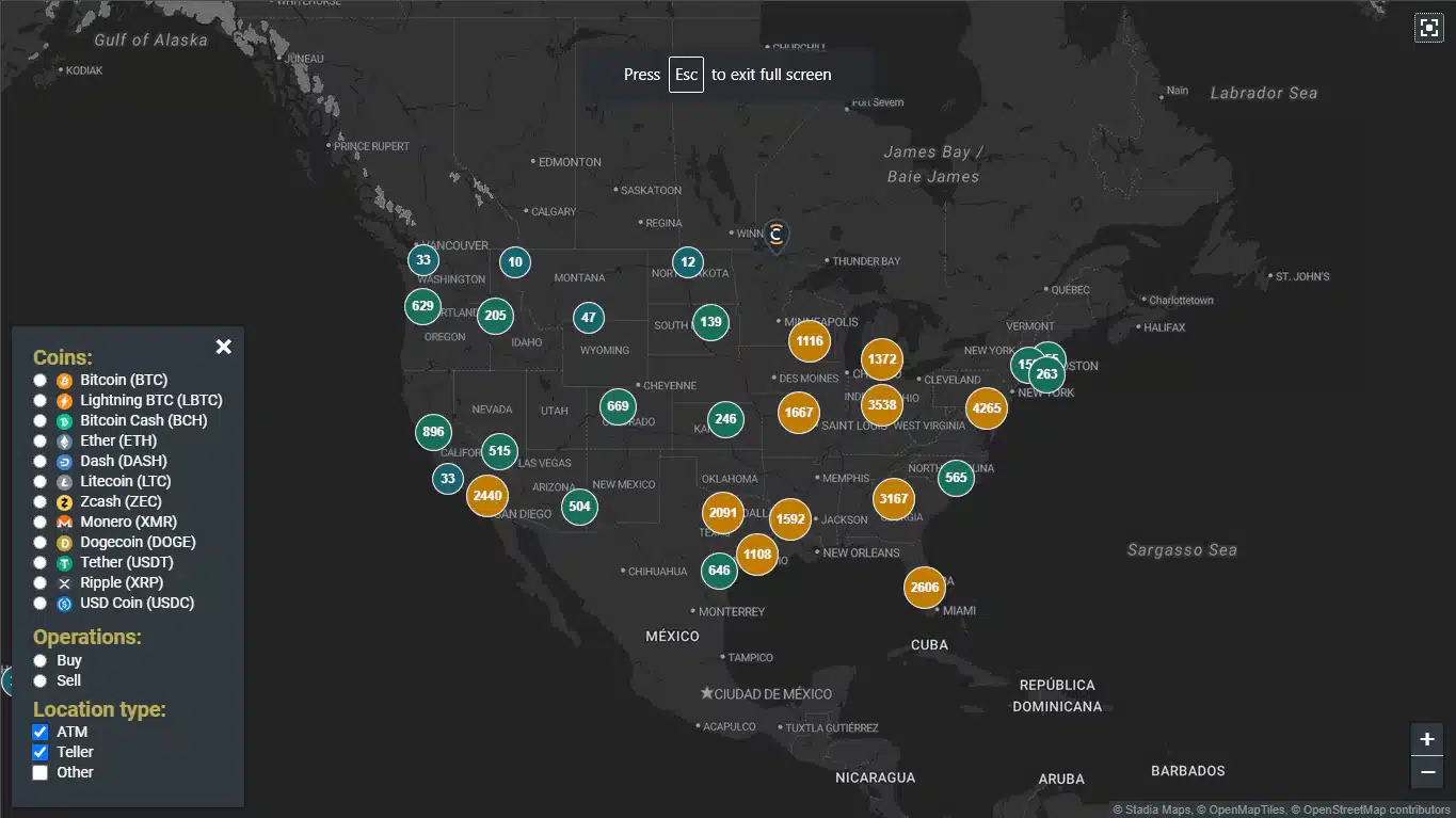 United States Map From CoinATMRadar Showing Bitcoin ATMs