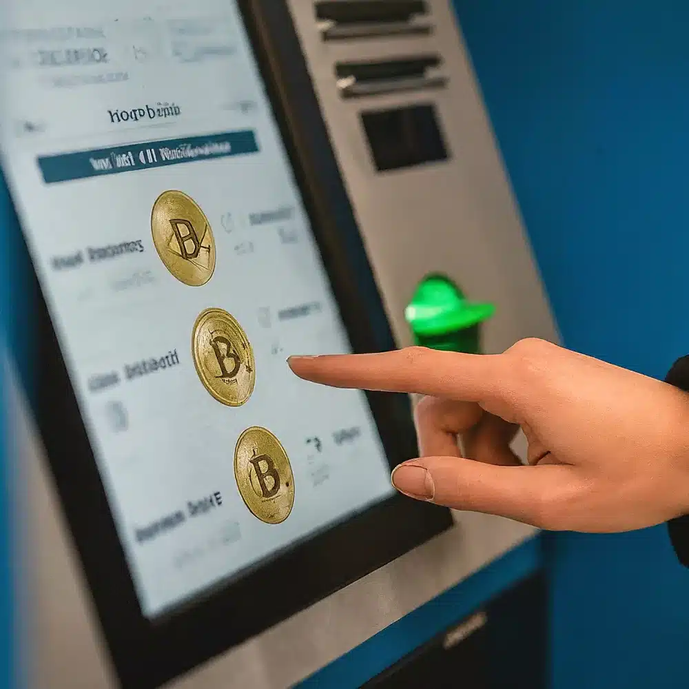 a human hand touching the screen of a bitcoin atm
