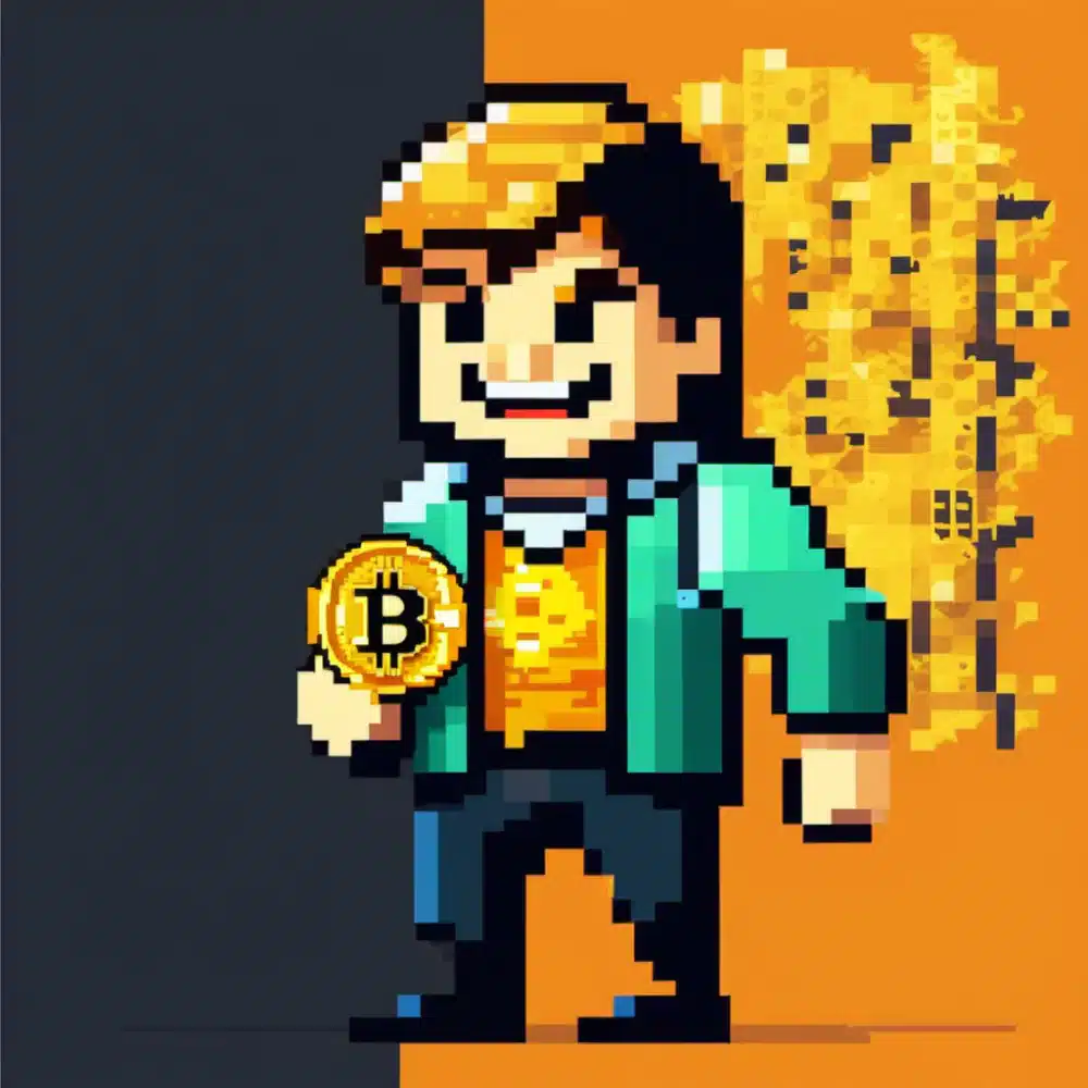 a pixel art evil bitcoin scammer with an evil smily face trying to steal your bitcoins