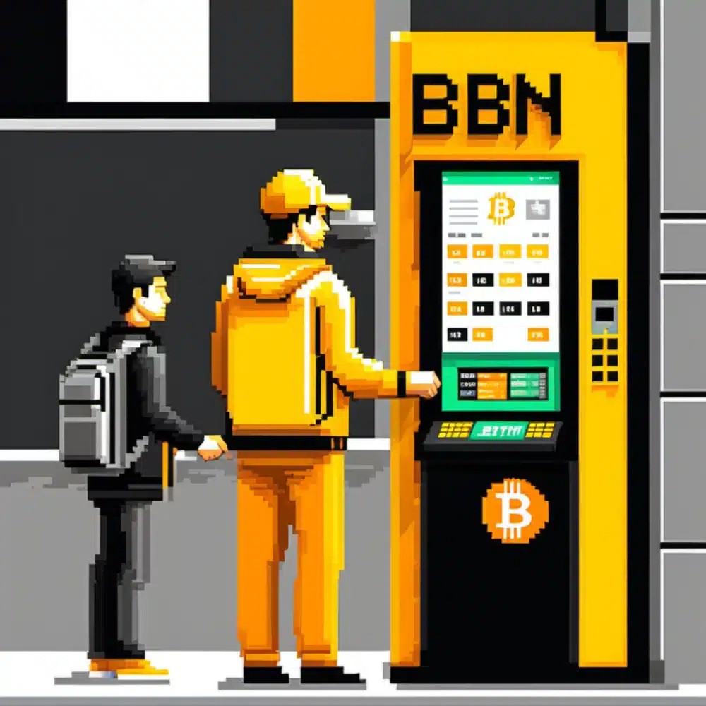 a pixel art of 2 men using bitcoin atm to send money with debit card and cash