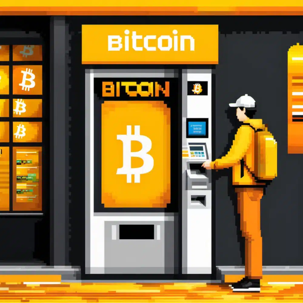 a pixel art of a man using bitcoin atm to send money with debit card and cash