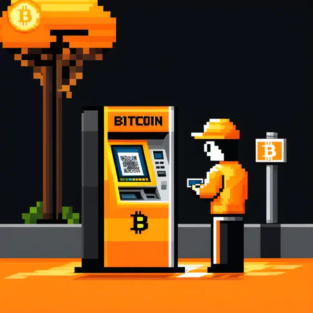 a pixel art of man using bitcoin atm to send money with debit card and cash