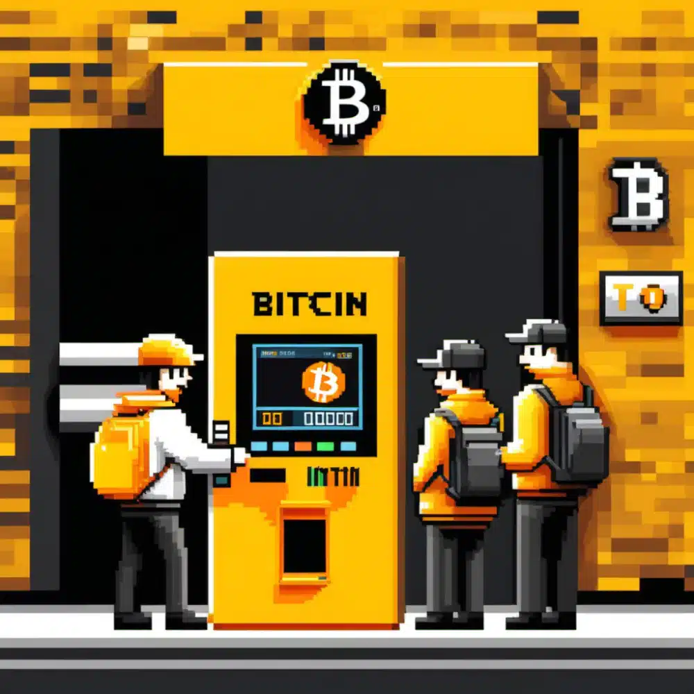 an evil bitcoin thieves trying to steal money from innocent customers while they are using bitcoin ATMs. Bitcoin ATM Scams.