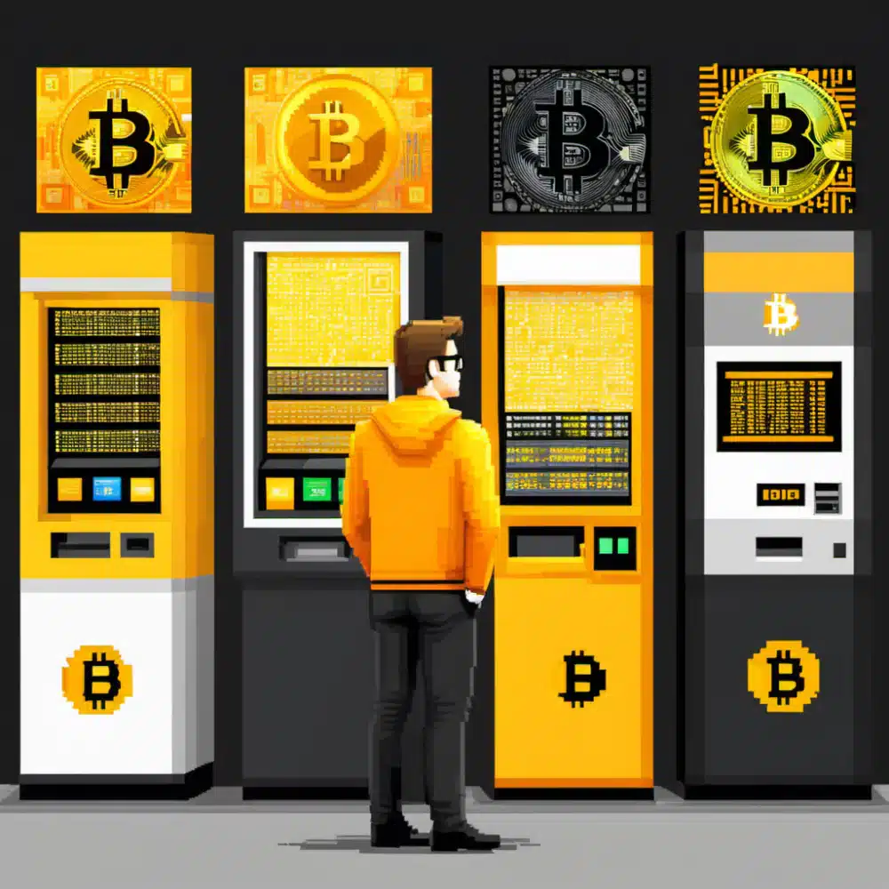 bussiness owner trying to make his selection between different bitcoin atms