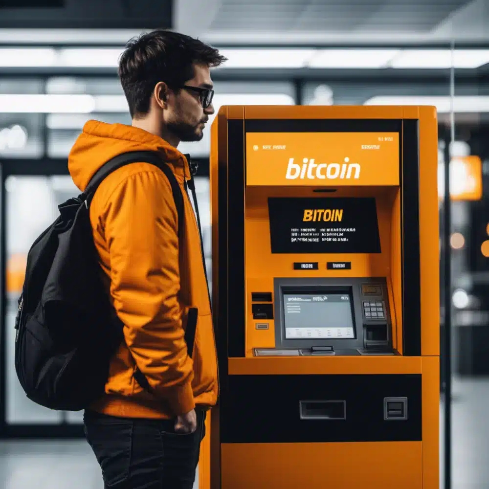 man, wearing an orange hoody and a black back bag standing Infront of a bitcoin atm