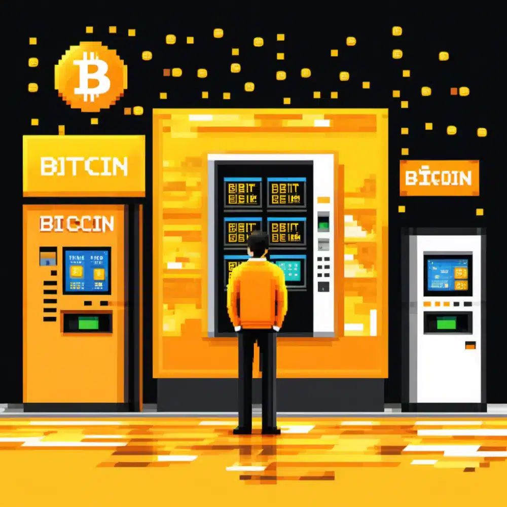 pixel art business owner in front of many different bitcoin ATMs trying to make his selection between different pixel art bitcoin ATMs to find best bitcoin atm to buy and he is confused the main colors of the of the art work are (yellow, orange, black and white) the colors are light